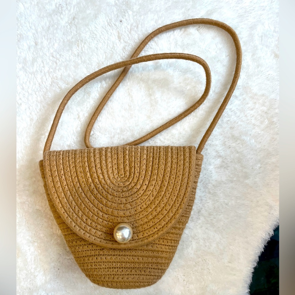 Mini crossbody woven bag with faux pearl
